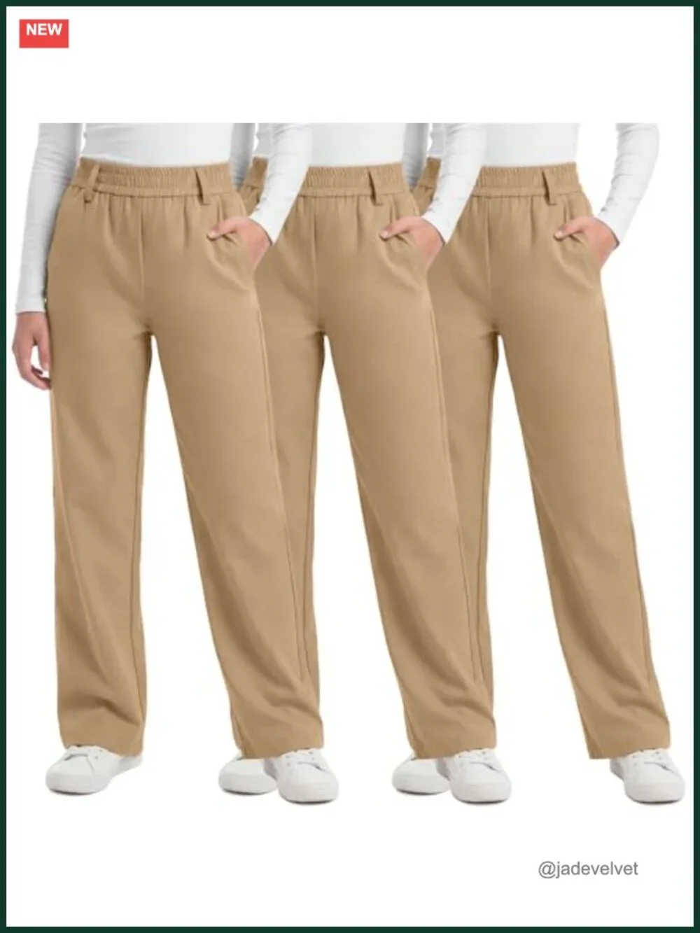 3 Pack Girls School Uniform Pants Straight Fit Twill Elastic Waist with Pockets